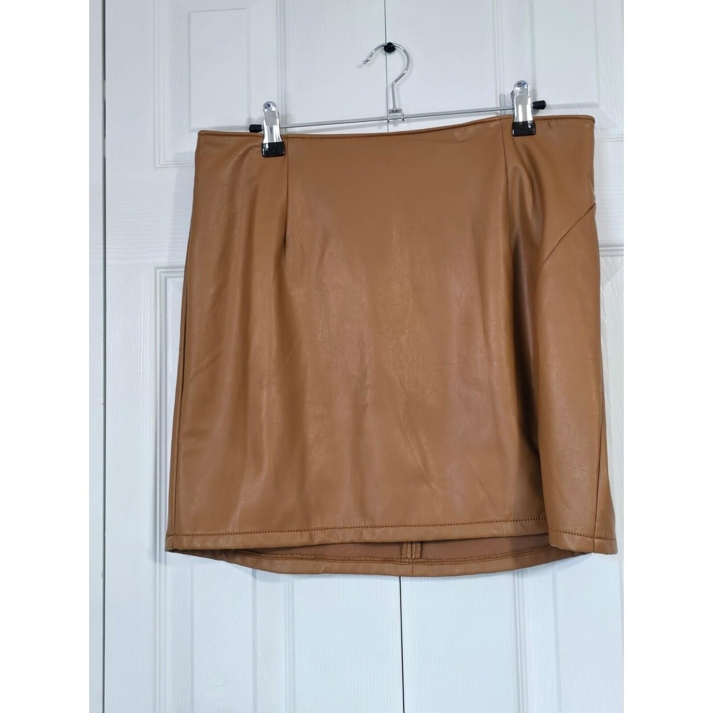 Rewash Camel Tan Vegan Faux Leather Mini Skirt Size L J19040CM3 Brown Edgy Chic